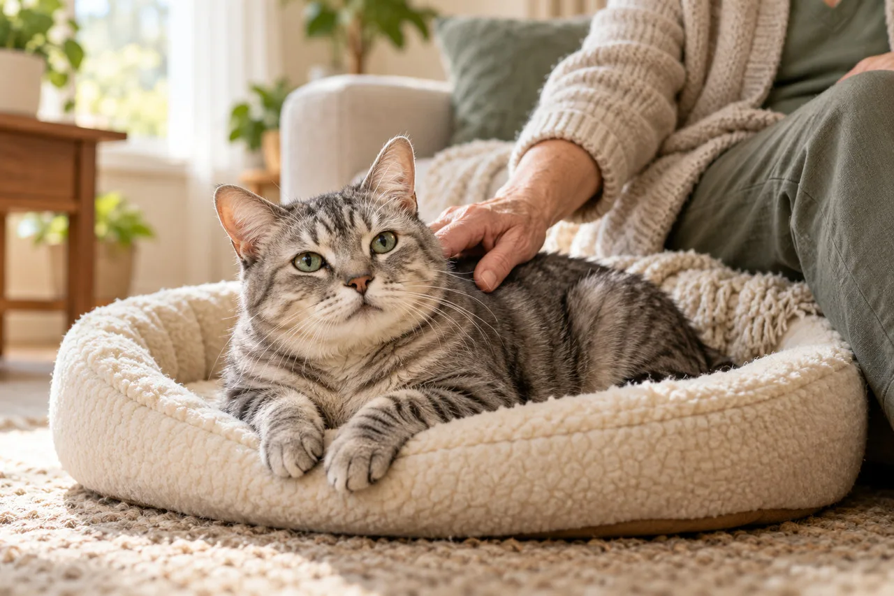 Tabby cat resting in a low bed beside an owner